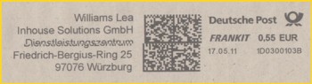 Sehr seltener Frankit-Abschlag in schwarzer Farbe mit Eigenwerbung von Williams Lea Inhouse Solutions GmbH aus 97076 Würzburg