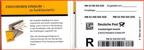 Die aufgeklappte Innenseite - hier am Beispiel "Einschreiben Einwurf"