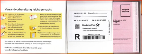 Aufgeklappte Innenseite der Verpackung für den 10er-Vorratsblock Einschreibenmarke "Einschreiben Rückschein"