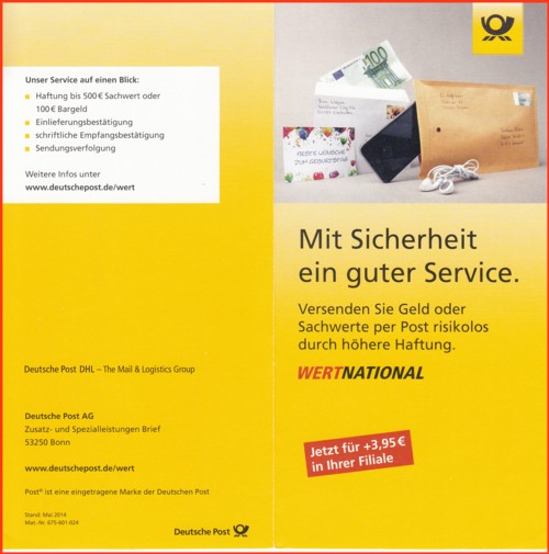 Der neue Werbeflyer zum wieder aufgelegten Wertbrief National (Stand 1.7.2014) - Außenseiten