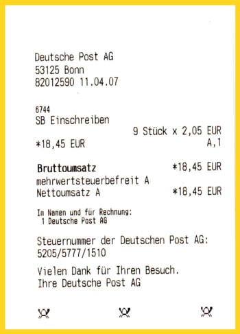 Quittung aus der Anfangszeit aus dem Versuchsgebiet von einem Postamt - hier spricht man noch von einem "SB-Einschreiben"