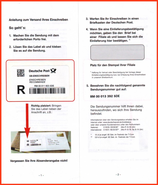 Das neue SB-Einschreiben aus der geblisterten Verpackung aus dem Versuchsgebiet vom April 2007