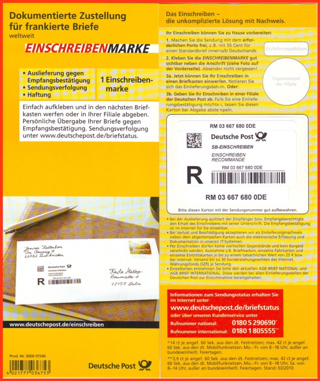 Die 3. Verkaufsvariante, erstmals spricht man hier auf der Vorderseite von einer "Einschreibenmarke"