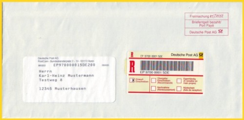 Ein ePosteinschreibebrief als Muster aus dem Jahre 1999