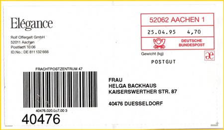 Briefausschnitt einer Postgutsendung, DV-Freimachung vom 25. April 1995 links unten mit passenden Leitcodelabel schon vom Absender dazu gedruckt