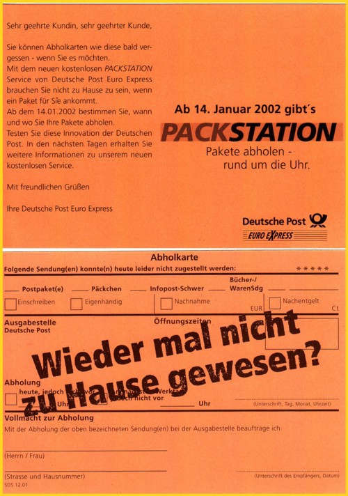 Sehr seltene Werbung zum Start der Packstation für Jedermann ab dem 14. Januar 2002 aus Mainz im Form einer geänderten roten Benachrichtigungskarte