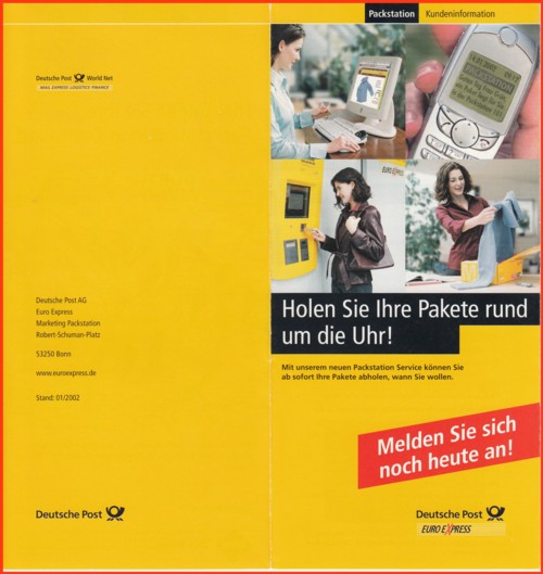 Werbeprospekt für die Kunden der zweiten Pilotstadt in Dortmund zur neuen Packstation (Teil 1 Außenseite des Faltflyers)