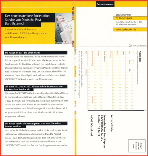 Werbeprospekt für die Kunden der zweiten Pilotstadt in Dortmund zur neuen Packstation (Teil 2 Innenseite mit Infos zum Starttermin am 14. Januar 2002 in Dortmund)