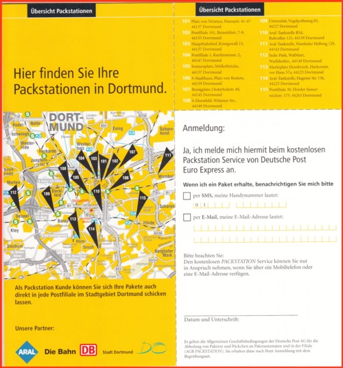 Werbeprospekt für die Kunden der zweiten Pilotstadt in Dortmund zur neuen Packstation (Teil 4 mit Karte von Dortmund mit den ersten Standorten)