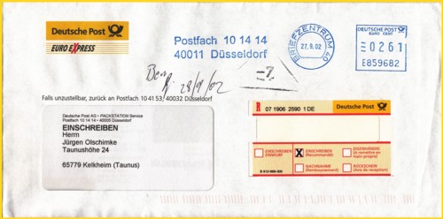 Einschreiben für die registierten Kunden aus der Anfangszeit für die Frankfurter Kunden aus dem erweiterten Testgebiet - der Inhalt hier die zugehörige Pin für die Goldcard