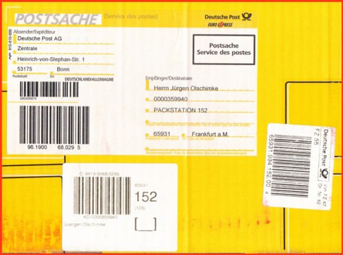 Das dazugehörige Postpaket mit einem Begrüssungsgeschenk natürlich adressiert an eine der nächstgelegenen Packstationen für Schnellregistierer aus dem erweiterten Versuchsgebiet in Frankfurt vom Herbst 2002