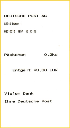 Die dazugehörige Postquittung vom PDL-Briefannahmeautomaten aus Düren vom 18.10.2002