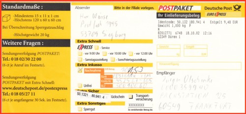 Die dazugehörige Einlieferungsquittung für das Nachnahmepaket