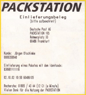 Einlieferungsbeleg vom ersten Tag, an dem man Retouren an einer Packstation einliefern konnte - die Quittung selbst weißt allerdings nicht selbst explizit im Text darauf hin