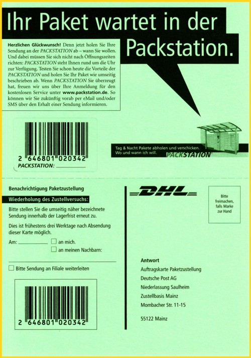 Die Vorderseite der grünen Paketbenachrichtigungskarte aus dem Testgebiet Mainz im Frühjahr 2004