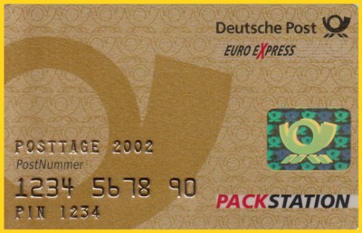 Eine spezielle Goldkarte zu den Posttagen 2002 für die zu Werbezwecken im Martimhotel aufgebaute mobile Packstation