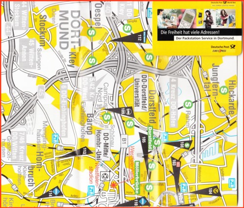 Noch interessanter ist der zweite darin befindliche Inhalt - ein in Portocardgröße zusammengefalteter Orginalstadtplan von Dortmund, wo sich die ersten Versuchs-Packstationsstandorte befanden und wie diese zu finden sind (soetwas dürfte es auch von Mainz gegeben haben - wer kann hier etwas vorlegen ?)