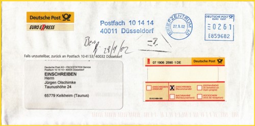 Einschreiben hier noch von Deutsche Post Euro Express vom Packstationsservice aus Düsseldorf - Inhalt Zusendung der persönlichen Pin für einen Teilnehmer aus dem erweiterten Versuchsgebiet (Rhein-Main-Gebiet) 27. September 2002