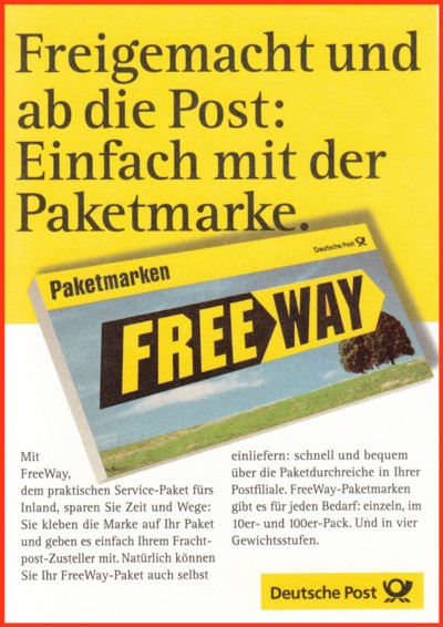 Posteigenwerbung auf der Rückseite von Postquittungen hier zum neuen Produkt Freeway Paketmarke