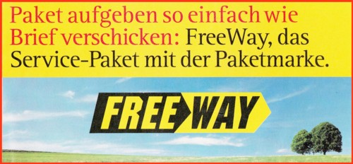 Ein Postwerbeflyer aus der Anfangszeit zur neuen Freeway Paketmarke (Vorderseite)