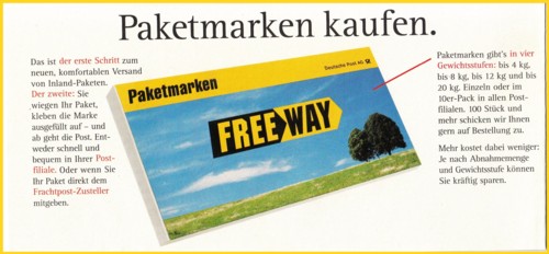 Ein Postwerbeflyer aus der Anfangszeit zur neuen Freeway Paketmarke (1. Innenseite)