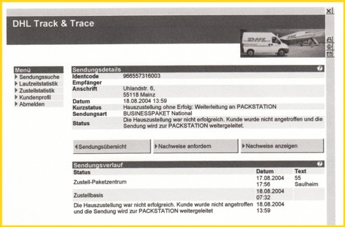 Der dazugehörige DHL Track & Trace Nachweis