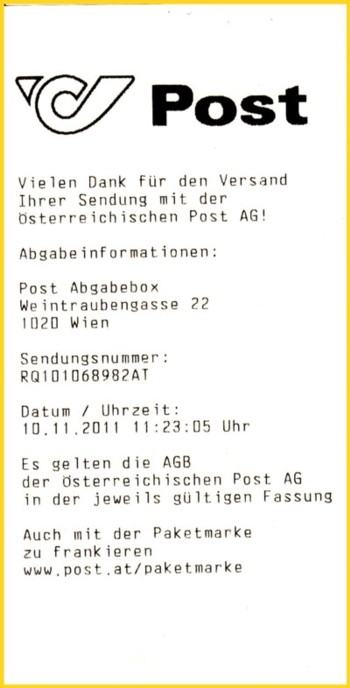 Eine Postquittung für die Einlieferung eines österreichischen Einschreibens über eine Paketbox aus den ersten Tagen des Versuchs Ende 2011