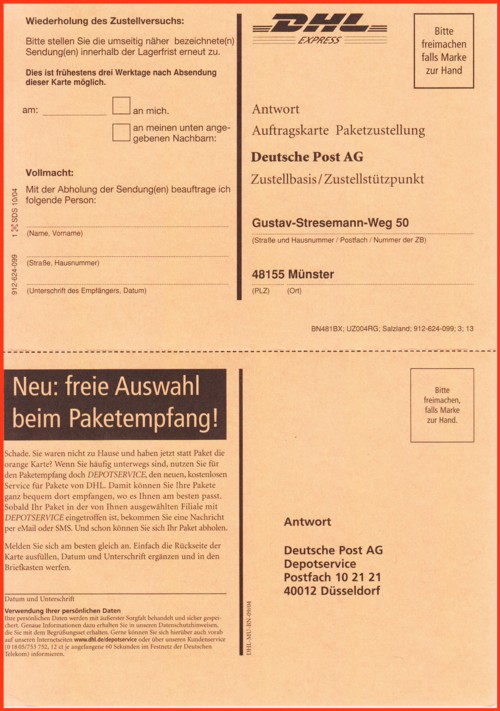 Eine sehr seltene rote Doppelpaketkarte aus dem Versuchsgebiet Münster mit anhängendem Anmeldeformular für den Depotservice (Vorderseite)