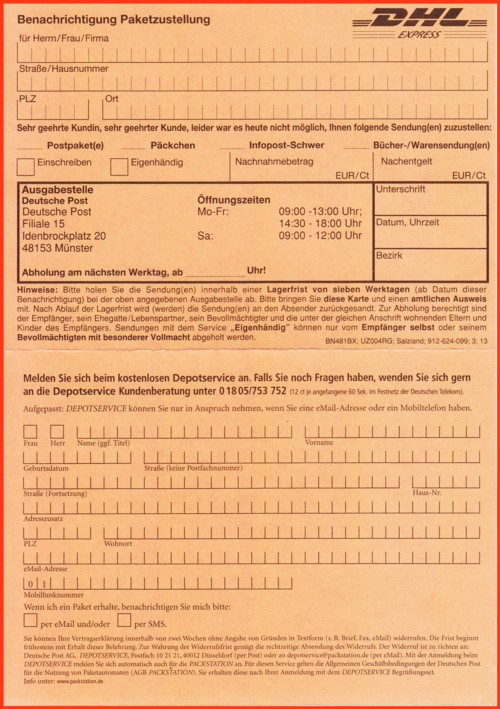 Die selbe rote Doppelbenachrichtigungskarte aus dem Versuchsgebiet Depotservice Münster von der Rückseite