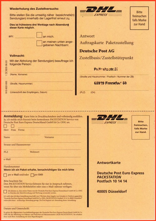 Die selbe Doppelpaketkarte von der Anschriftenseite her - links am Rnad sieht man den Druckvermerk