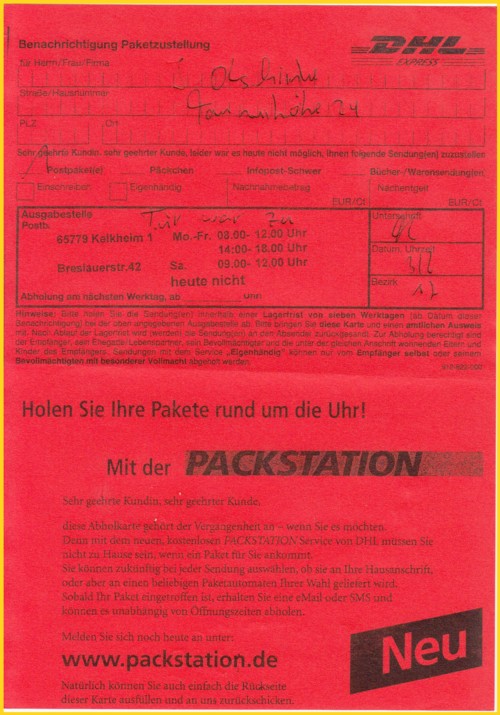 Provisorium einer roten Doppelpaketkarte, allerdings nur einseitig fotokopiert auf rotes Papier 