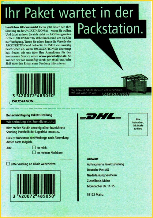 Vorderseite einer seltenen grünen Benachrichtigungskarte der ersten Auflage aus dem Versuchsgebiet Mainz aus dem Frühjahr 2004