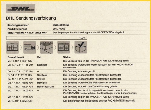 Die DHL Sendungsverfolgung für obiges benachrichtigtes Paket