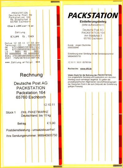 Hier zum Schluß zur Dokumentation noch der passende Einlieferungsbeleg sowie die Quittung von der Bezahlung mittels Geldkarte