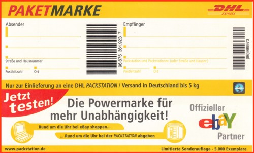 Werbepaketmarke, verteilt im Jahr 2006 auf einer Messe, die nur an einer Packstation nutzbar ist