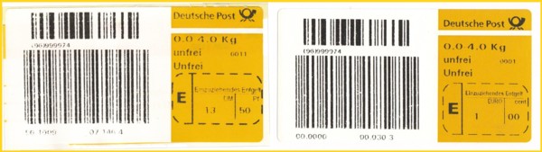 Hier sehen Sie links das Freimachungslabel "Unfrei" das man ohne Bezahlung bekommen konnte - links die Variante zu DM-Zeiten bis zum 31.12.2001 - rechts die vermutlich sehr seltene Variante in Euro - der obere Strichcode für "Unfrei" war im Annahmeautomat in der Software hinterlegt, allerdings gab es diesen trotzdem nur ohne Bezahlung, wenn das Vordruckformular "Postpaket - Automat" mit Strichcode benutzt wurde