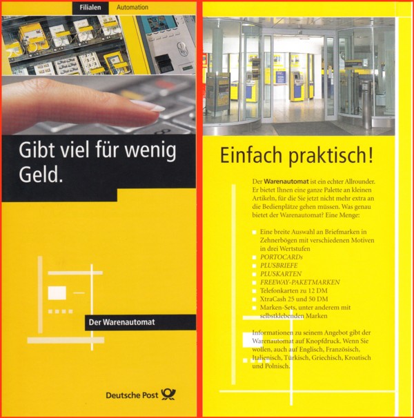 Vorderseite des Werbeflyers zum Warenverkaufsautomaten (selbes Layout wie für den Paketannahmeautomaten) sowie die erste Innenseite mit ausführlichen Angaben, was man alles dort kaufen konnte 