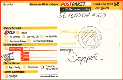 Ein Tag später die selben Probleme in Hannover - das Gerät funktionierte nur teilweise, es schaffte zwar den ersten Teil bis zur Ausgabe des Labels, die Quittung über die Bezahlung und den Einlieferungsnachweis konnte das System nicht durchführen, da das Scannen der eigenen Strichcodes scheinbar nicht lesbar war und somit der Annahmevorgang abstürzte