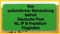kleiner grüner Postzollaufkleber "Von zollamtlicher Behandlung befreit" - hier ohne weiteren Vermerk