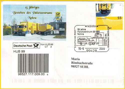 Brief mit Sonderstempel anläßlich des 15-jährigen Jubiläums des Paketzentrums 99 (Nohra)