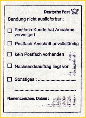 sehr seltener postalischer Nebenstempel für über die Privatpost an eine Postfachanlage geschickte Sendungen, die nicht angenommen wurden