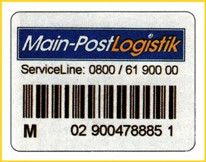 Erstes Labelbeispiel eines Privatpostdienstleisters - hier von der Main-PostLogistik (Würzburg)