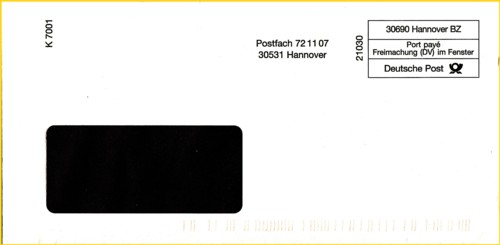 DV-Freimachung mit eingedruckten Vermerk K-7001 rechts oben