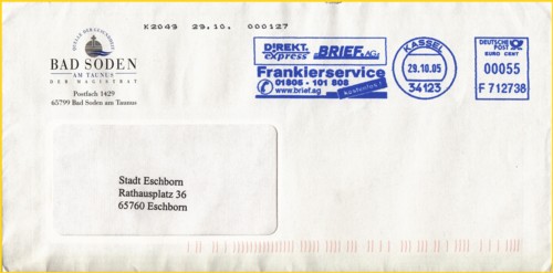 Konsolidierungsbeleg der Firma Brief AG (DirektExpress), die diesen im Auftrag des Kunden auch frankiert hat, zusätzlich auf der Vorderseite mittels Tintenstrahlaufdrucks angebracht die K-Nummer 2049, das Datum 29.10 und eine Zählnummer - auf der Rückseite sind hier zwar keine weiteren Vermerke, aber oft findet man bei dieser Firma hier auch noch unterschiedliche Spuren die in der Regel mit umgerüsteten Frankiermaschinen aufgebracht wurden