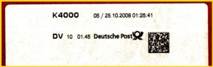 Ein Labelausschnitt für Großbriefe mit einer DV-Freimachung - hier K-4000 - Absender war hier die DATEV eG Nürnberg - Konsolidierer ist William Lea Inhouse Solution Standort Nürnberg