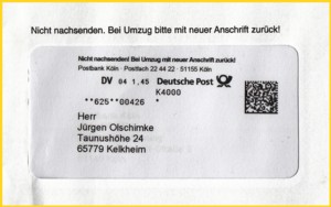 Als letztes Beispiel für eine DV-Freimachung aus neuerer Zeit - Ausschnitt aus einem Großbrief (nur Fensterbereich) - hier wird nun verstärkt in den Freimachungsvermerk auch die K-Nummer integriert - ist in der Regel aber nur dann dokumentierbar, wenn der Inhalt erhalten bleibt