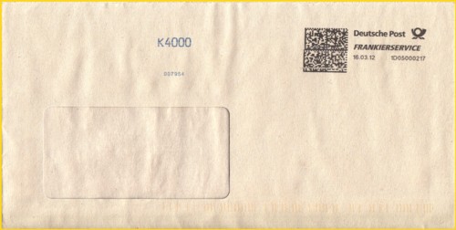 Die Kombination Freimachung Frankierservice und Konsolidierungsvermerk ist selten zu finden - hier mit ergänzender blau aufgespritzter K-4000 und der Zählnummer