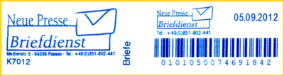Reiner Freimachungsvermerk eines Briefdienstleister mit integrierter K-Nummer - hier K-7012 - diesen Stempel gibt es übrigens auch alternativ mit einer Frankitfreimachung