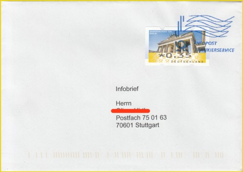 Infobrief, der am letzten Gültigkeitstag des Infobriefs (31.12.20012) im BZ 70 aufgeliefert wurde und mittels des alten Frankierservice entwertet werden sollte - da aber knapp 6 Wochen vorher eine Umstellung stattgefunden hatte, wurden diese Sendungen mit den neuen Maschinen entwertet. Dort ist kein Infobrief mehr vorgesehen gewesen ! - eine moderne Seltenheit
