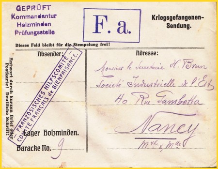 Kriegsgefangenensendung als Vordruckbrief vom Lager Holzminden nach Frankreich unter anderm mit vierzeiligeen Zensurstempel des Lagers